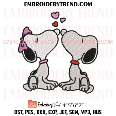 Cute Kissing Snoopy Valentine Embroidery Design, Peanuts Valentine’s Day Machine Embroidery Digitized Pes Files