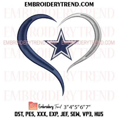 Dallas Cowboys Heart Embroidery Design, Football Lover Dallas Machine Embroidery Digitized Pes Files