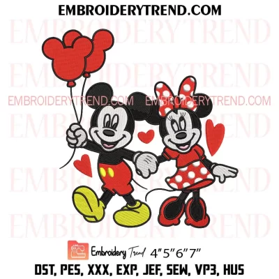 Disney Mickey Minnie Valentines Embroidery Design, Cute Mickey And Minnie Couple Machine Embroidery Digitized Pes Files