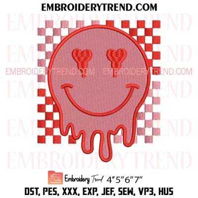 Face Heart Checkered Valentines Embroidery Design, Drippy Smiley Valentine Machine Embroidery Digitized Pes Files