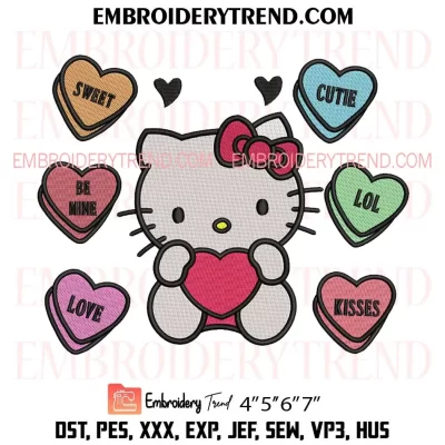 Hello Kitty Candy Hearts Valentine Embroidery Design, Valentine Day Machine Embroidery Digitized Pes Files