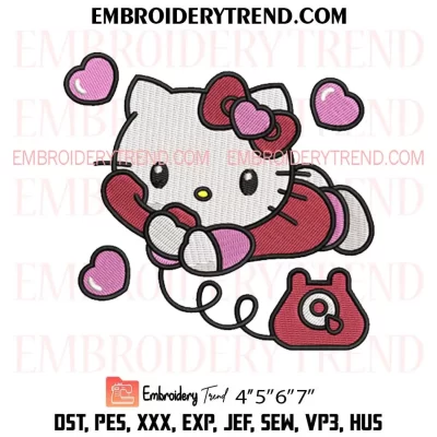 Hello Kitty Love Phone Embroidery Design, Kitty Valentine Love Machine Embroidery Digitized Pes Files