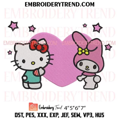 Hello Kitty and Melody Heart Embroidery Design, Cartoon Valentines Day Gift Machine Embroidery Digitized Pes Files