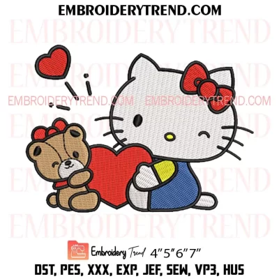 Hello Kitty and Tiny Chum Heart Embroidery Design, Cute Kitty Valentine Teddy Bear Machine Embroidery Digitized Pes Files