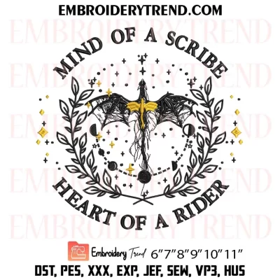 Mind Of A Scribe Heart Of A Rider Embroidery Design, Book Gift Fourth Wing Machine Embroidery Digitized Pes Files