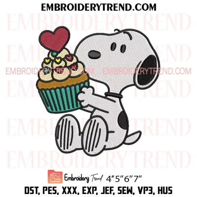 Snoopy Heart Cupcake Embroidery Design, Cute Snoopy Valentine Machine Embroidery Digitized Pes Files