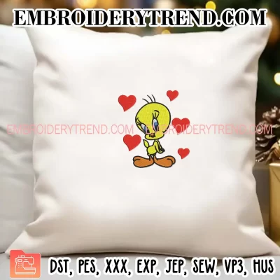 Tweety Bird with Hearts Embroidery Design, Looney Tunes Valentine Machine Embroidery Digitized Pes Files