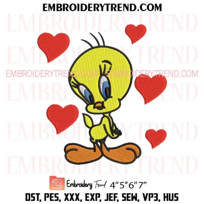 Tweety Bird with Hearts Embroidery Design, Looney Tunes Valentine Machine Embroidery Digitized Pes Files