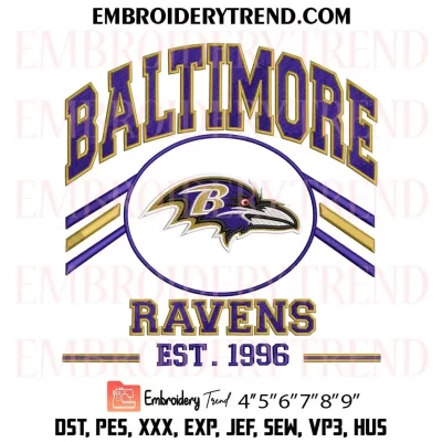 Vintage Baltimore Ravens Est 1996 Embroidery Design, Ravens NFL Football Machine Embroidery Digitized Pes Files