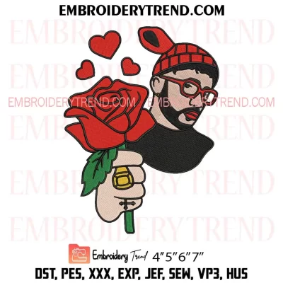 Bad Bunny Valentine Embroidery Design, Bad Bunny with Rose Machine Embroidery Digitized Pes Files