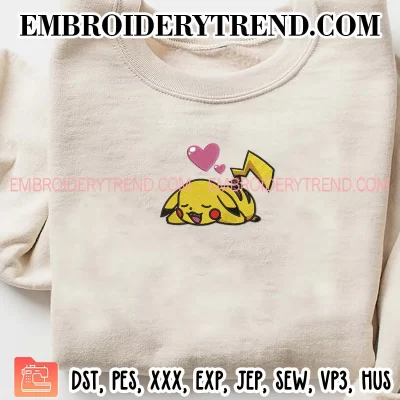 Funny Pikachu Valentine Embroidery Design, Sleeping Baby Pikachu Machine Embroidery Digitized Pes Files