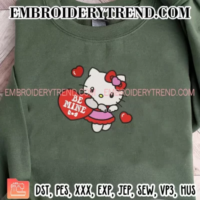 Hello Kitty Holding Heart Be Mine Embroidery Design, Kitty Valentine’s Machine Embroidery Digitized Pes Files