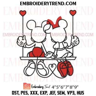 Mickey and Minnie Sitting On A Swing Embroidery Design, Couple Mickey Minnie Mouse Valentine Machine Embroidery Digitized Pes Files