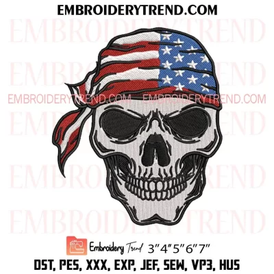 Patriotic Skull Embroidery Design, American Flag Skull Machine Embroidery Digitized Pes Files