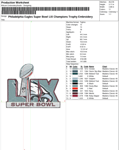 Philadelphia Eagles Super Bowl LIX Champions Trophy Embroidery Design, Logo Eagles Super Bowl LIX Machine Embroidery Digitized Pes Files