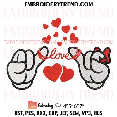 Valentine Mickey Love Hands Embroidery Design, Valentines Day Machine Embroidery Digitized Pes Files