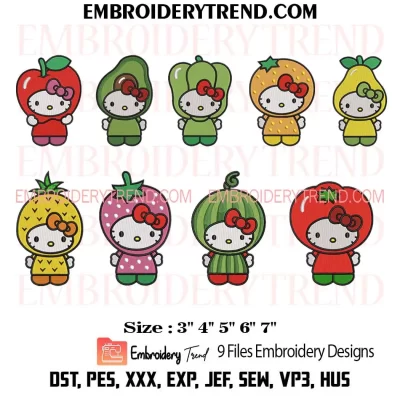 Bundle Hello Kitty Fruits Embroidery Design, Cute Fruits Kitty Machine Embroidery Digitized Pes Files