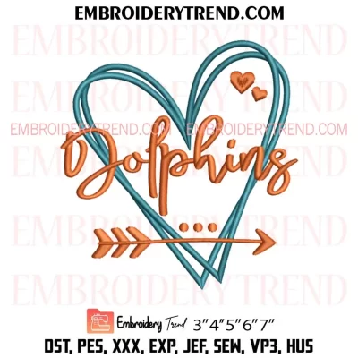 Miami Dolphins Heart Football Embroidery Design, NFL Miami Dolphins Machine Embroidery Digitized Pes Files