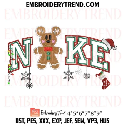 Nike Mickey Gingerbread Christmas Embroidery Design, Disney Mouse Merry Xmas PES Design File