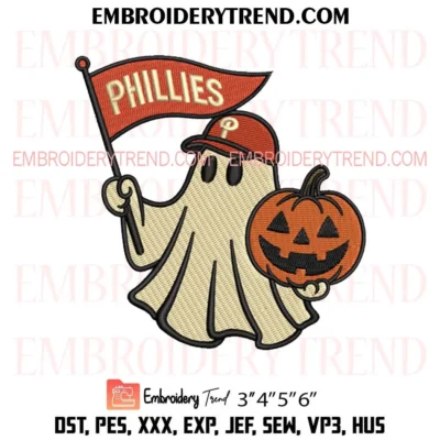 Philadelphia Phillies Halloween Ghost with Pumpkin Embroidery Design, Cute Phillies Ghost PES Design File