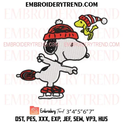 Snoopy and Woodstock Ice Skating Embroidery Design, Peanuts Christmas Pes Design File