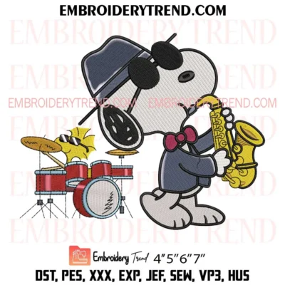 Snoopy and Woodstock Jazz Band Vibes Embroidery Design, Snoopy Saxophone Player Pes Design File