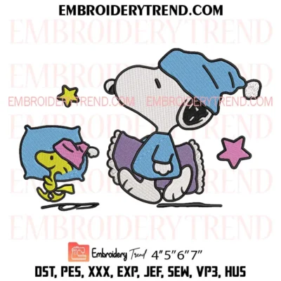 Snoopy and Woodstock in Cozy Pajamas Embroidery Design, Peanuts Christmas Holiday Pes Design File