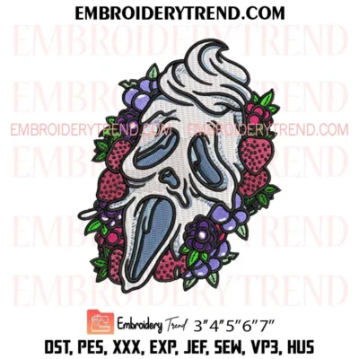 Berries and Scream Embroidery Design, Funny Scream Skull Horror Pes Design File