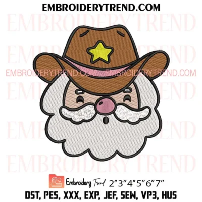 Cowboy Christmas Santa Face Embroidery Design, Cute Santa Claus Pes Design File