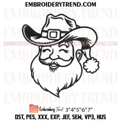 Cowboy Santa Head Silhouette Embroidery Design, Merry Christmas Pes Design File