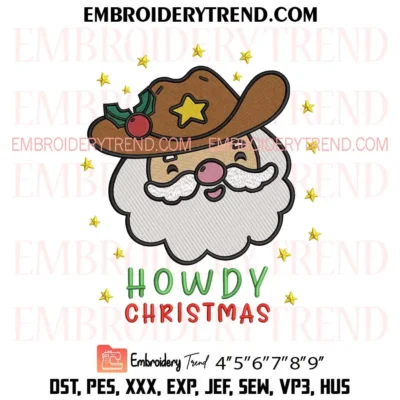 Howdy Christmas Santa Cowboy Face Embroidery Design, Cute Santa Xmas Pes Design File