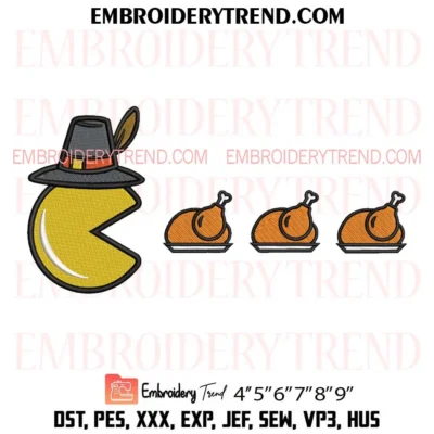 Pac-Man Thanksgiving Embroidery Design, Funny PacMan Turkey Gamer Pes Design File