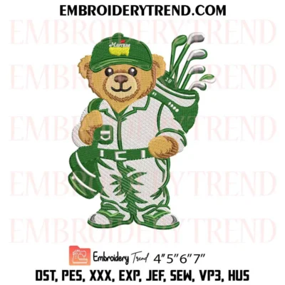 Masters Golf Bear Embroidery Design, Golf Bear With Club Bag Pes Design File