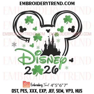 Mickey Head Disney 2026 Patrick's Day Shamrock Castle Embroidery Design, Family Disney Mickey Minnie Pes Design File