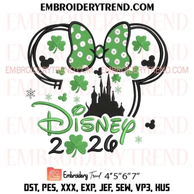 Minnie Head Disney 2026 Patrick's Day Shamrock Castle Embroidery Design, Family Disney Mickey Minnie Pes Design File