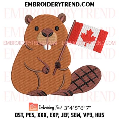 Beaver Holding Canadian Flag Embroidery Design, Canada Cartoon Animal Pes Design File