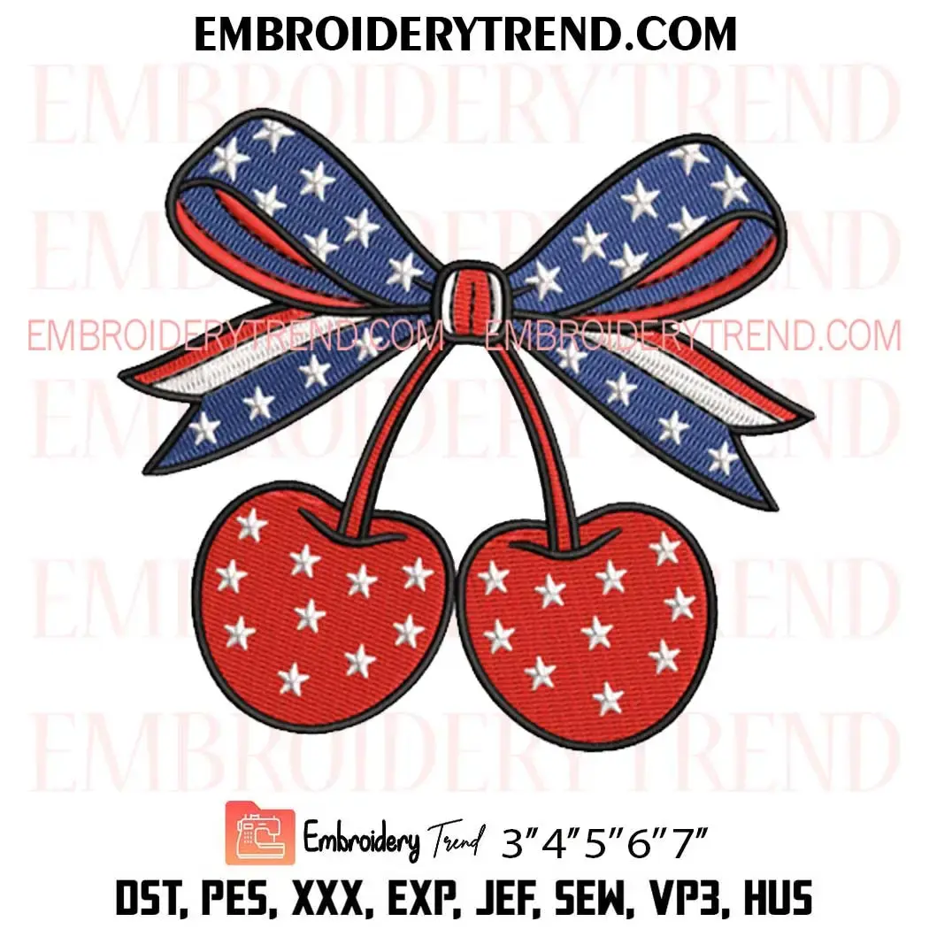 Coquette Bow Cherry 4th of July Embroidery Design, American Flag Cherry Bow Pes Design File Coquette Bow Cherry 4th of July Embroidery Design, American Flag Cherry Bow Pes Design File