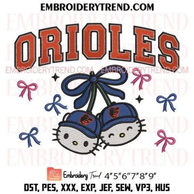Baltimore Orioles Hello Kitty Cherries Embroidery Design, Cute Orioles Baseball Bow Pes Design File