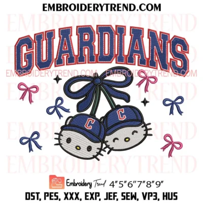 Cleveland Guardians Hello Kitty Cherries Embroidery Design, Cute Guardians Baseball Bow Pes Design File