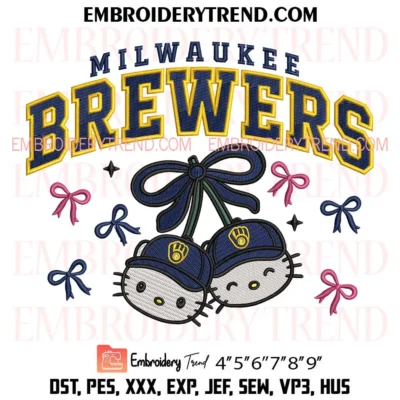 Milwaukee Brewers Hello Kitty Cherries Embroidery Design, Cute Brewers Baseball Bow Pes Design File