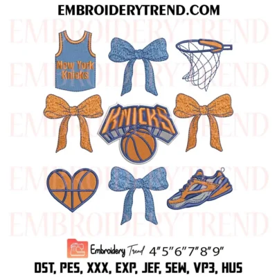 NBA New York Knicks Bow Grid Embroidery Design, Knicks Basketball Pes Design File