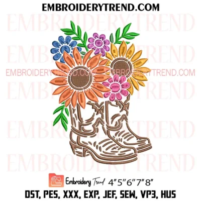 Colorful Floral Cowgirl Boots Embroidery Design, Boho Flower Boots Pes Design File