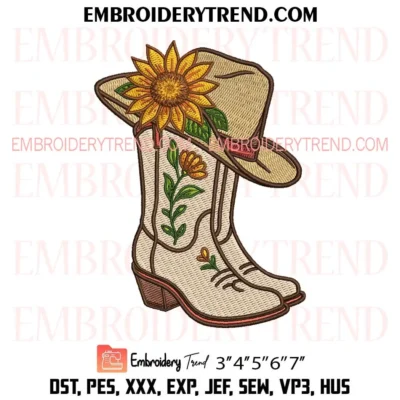 Cowboy Boots with Sunflower Embroidery Design, Western Cowboy Boots Pes Design File