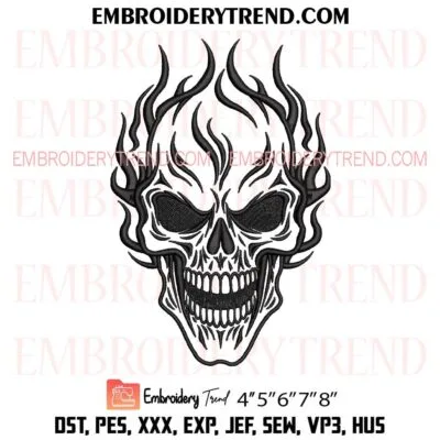 Flaming Skeleton Skull Embroidery Design, Fiery Skull Pes Design File