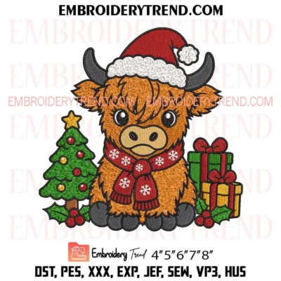 Highland Cow with Santa Hat Christmas Embroidery Design, Cute Christmas Cow Pes Design File