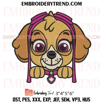 Paw Patrol Skye Head Embroidery Design, Cute Puppy with Pink Headband Pes Design File