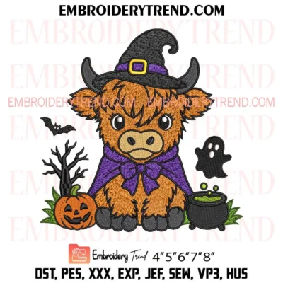 Witch Highland Cow Halloween Embroidery Design, Spooky Highland Cow Pes Design File