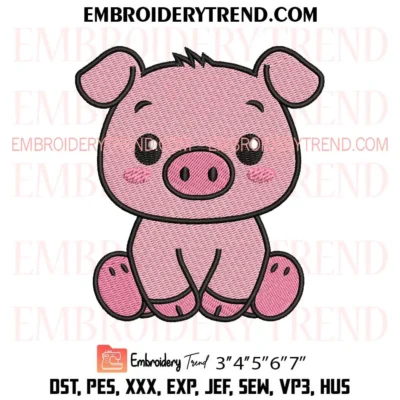 Baby Pig Embroidery Design, Cute Kawaii Piggy PES Design File