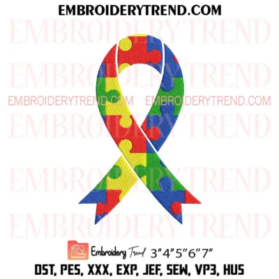 Colorful Autism Awareness Ribbon Embroidery Design, Puzzle Ribbon PES Design File