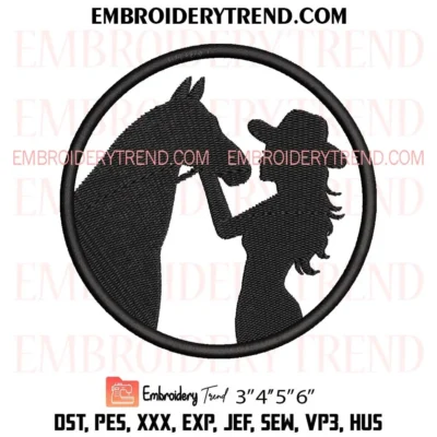 Cowgirl and Horse Circle Silhouette Embroidery Design, Western PES File